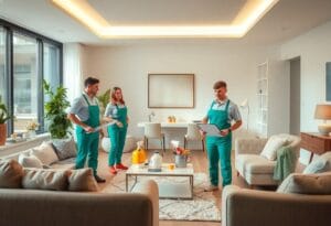 Professional house cleaners working in an Omaha residential home.