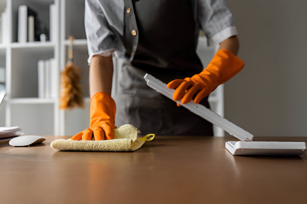 Professional house cleaning service staff member working in modern home.